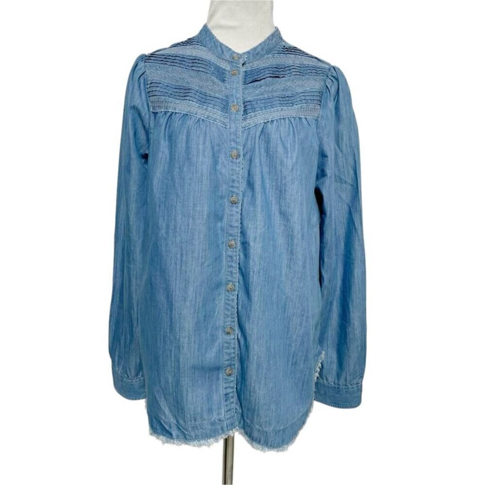Pilcro Size 12  Top Blouse Button Down Fringe Boho Long Sleeve Denim
